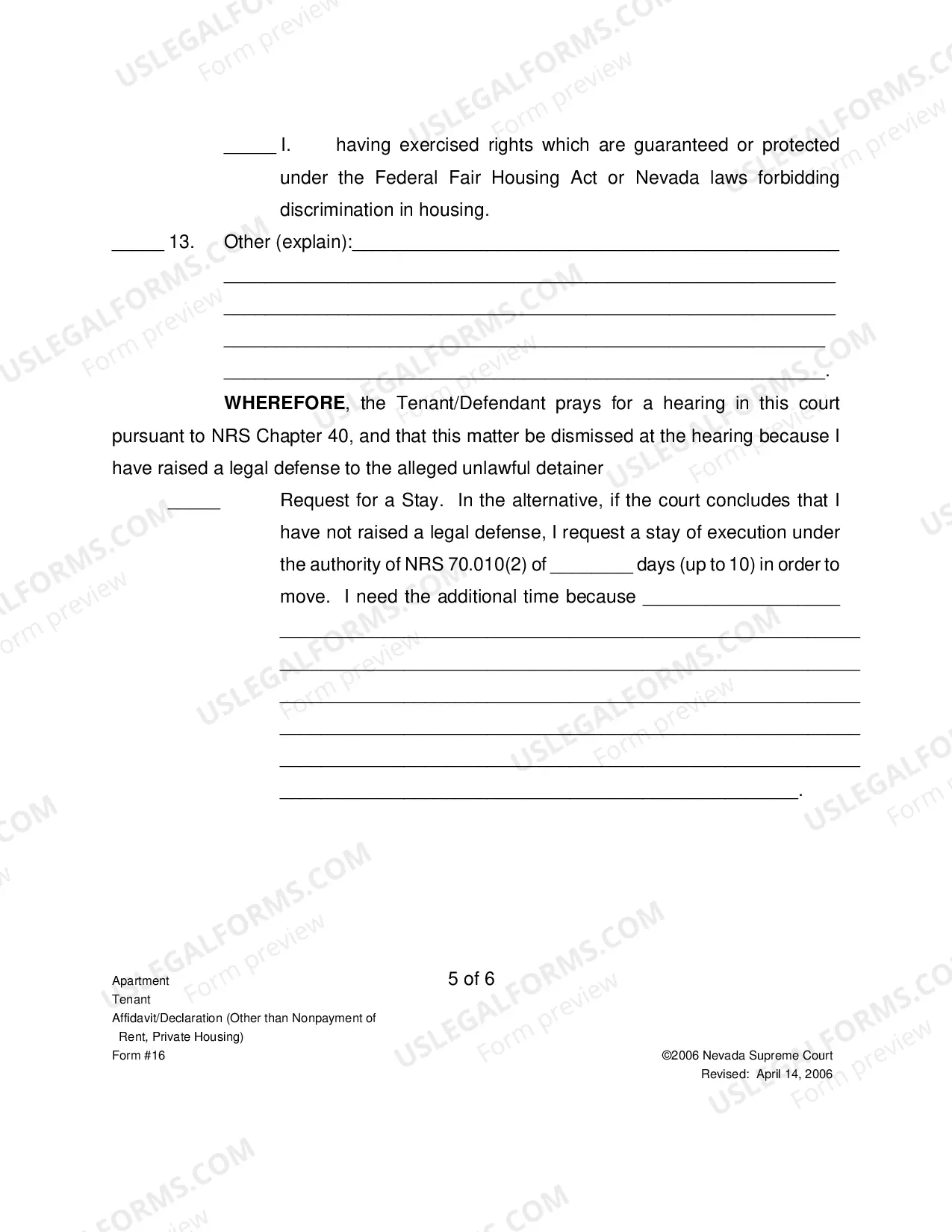 Preview Tenants Affidavit Declaration - Other Private Housing