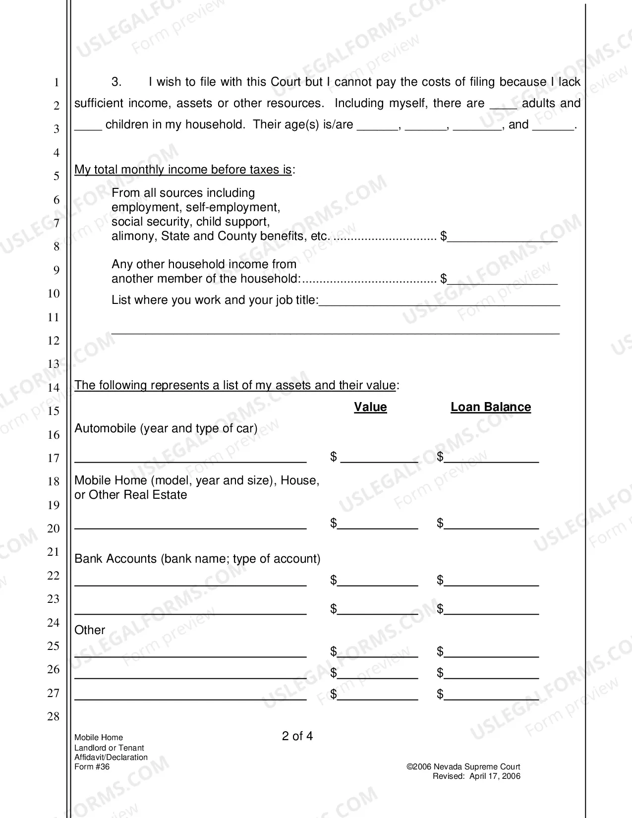 Preview Affidavit Or Declaration In Support of Application To Waive Fees And Costs