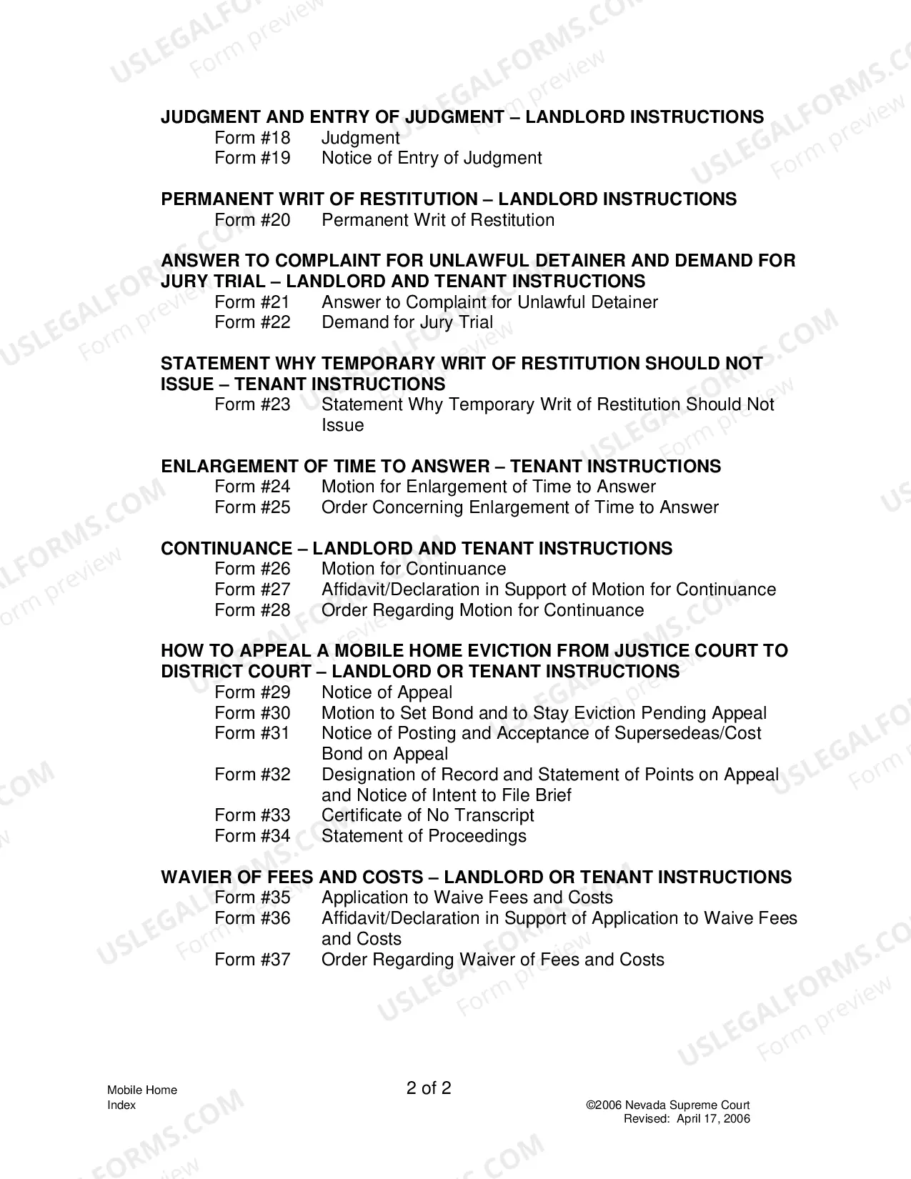 Preview Landlord-Tenant - Mobile Homes - Forms - Index