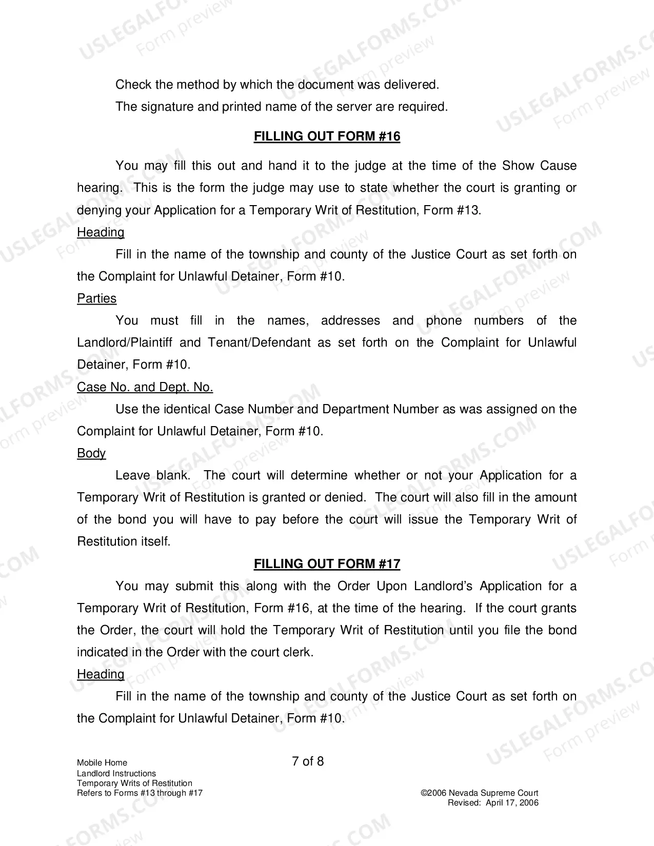 Preview Landlord-Tenant - Mobile Homes - Instructions for Forms 13-17