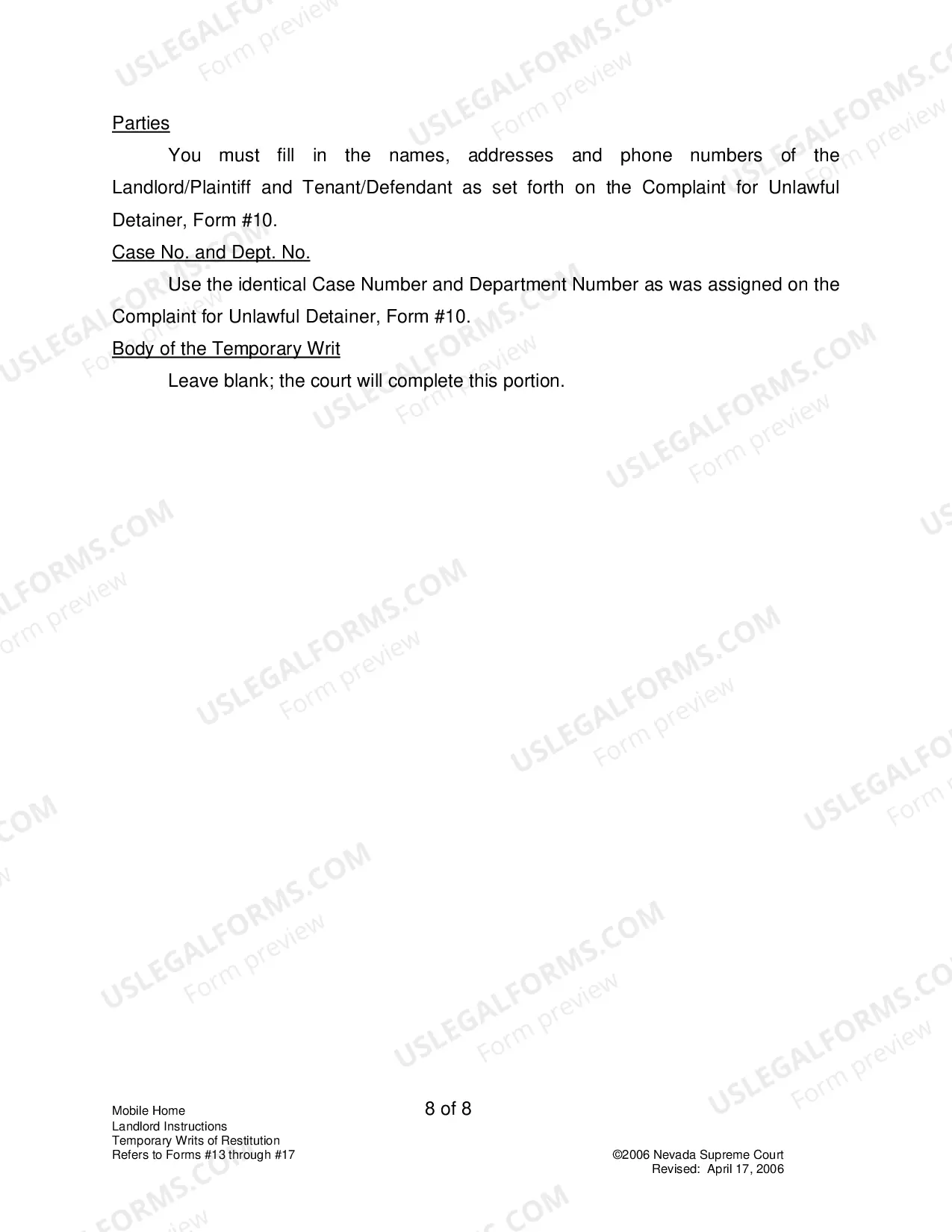Preview Landlord-Tenant - Mobile Homes - Instructions for Forms 13-17