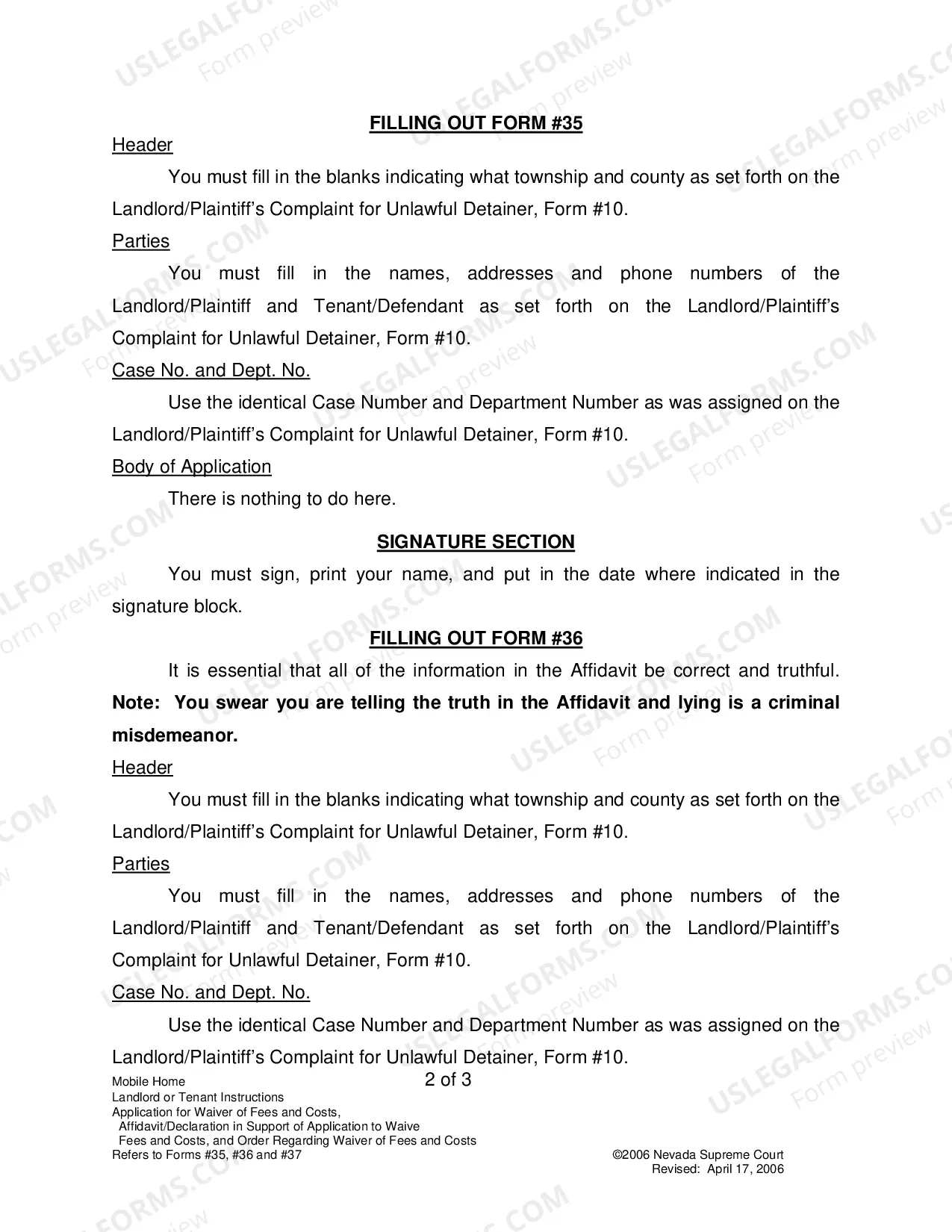 Preview Landlord-Tenant - Mobile Homes - Instructions for Forms 35-37