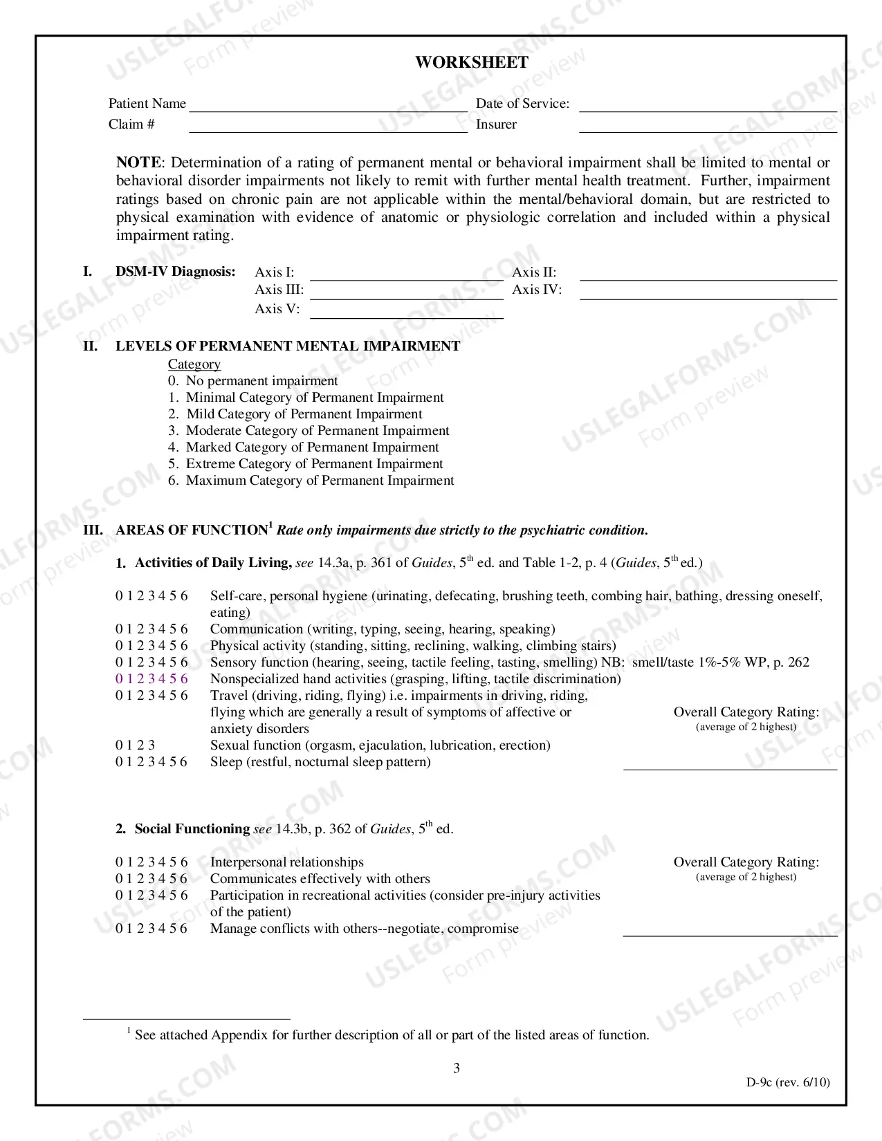 Preview Permanent Work Related Mental Impairment Rating Report Work Sheet