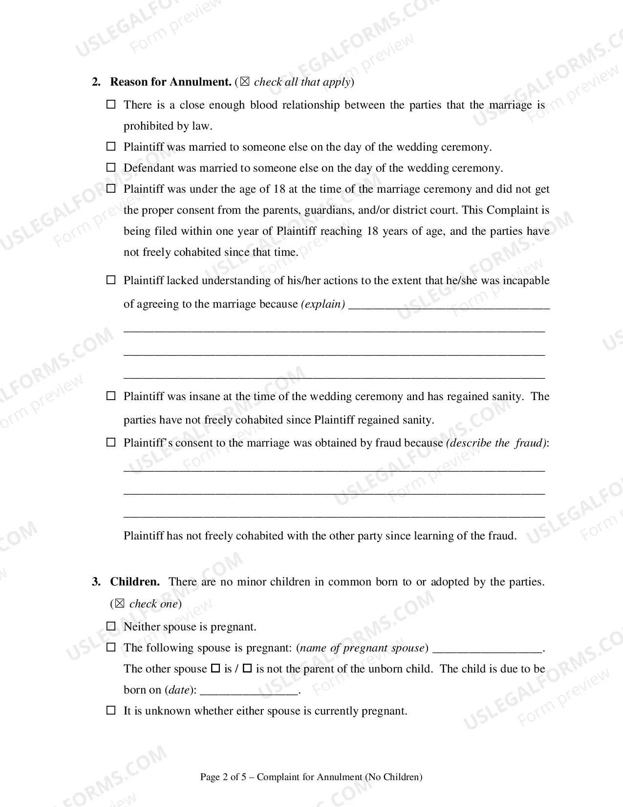 Preview Complaint for Annulment or in the Alternative for Divorce - No Children - Clark County