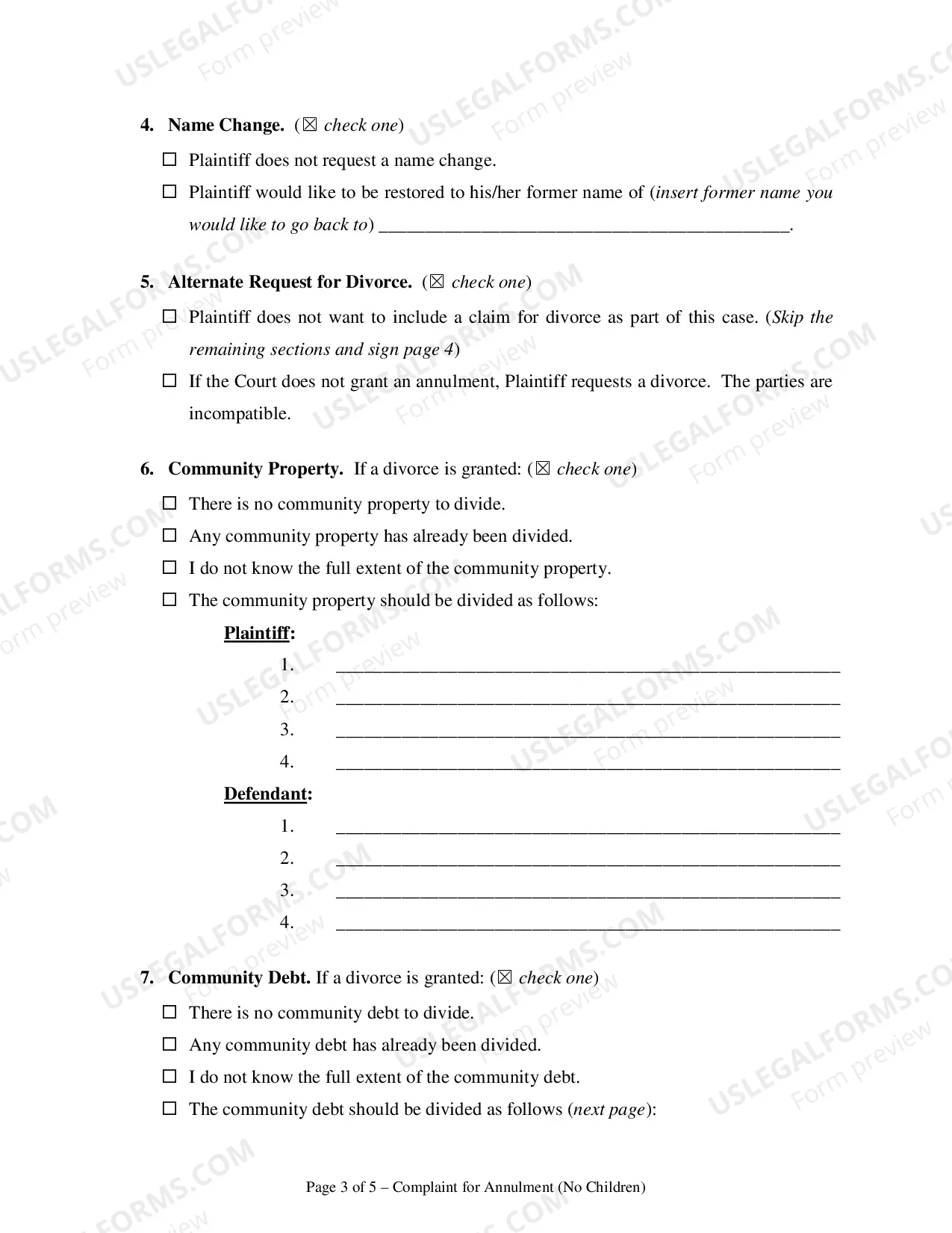 Preview Complaint for Annulment or in the Alternative for Divorce - No Children - Clark County