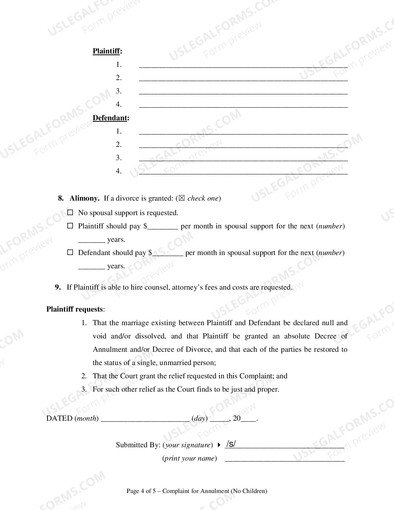 Preview Complaint for Annulment or in the Alternative for Divorce - No Children - Clark County