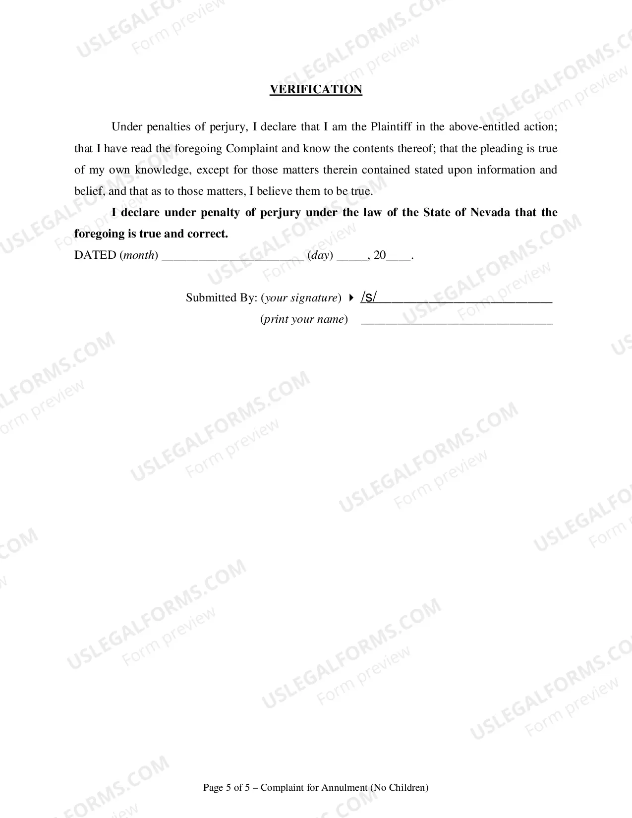 Preview Complaint for Annulment or in the Alternative for Divorce - No Children - Clark County