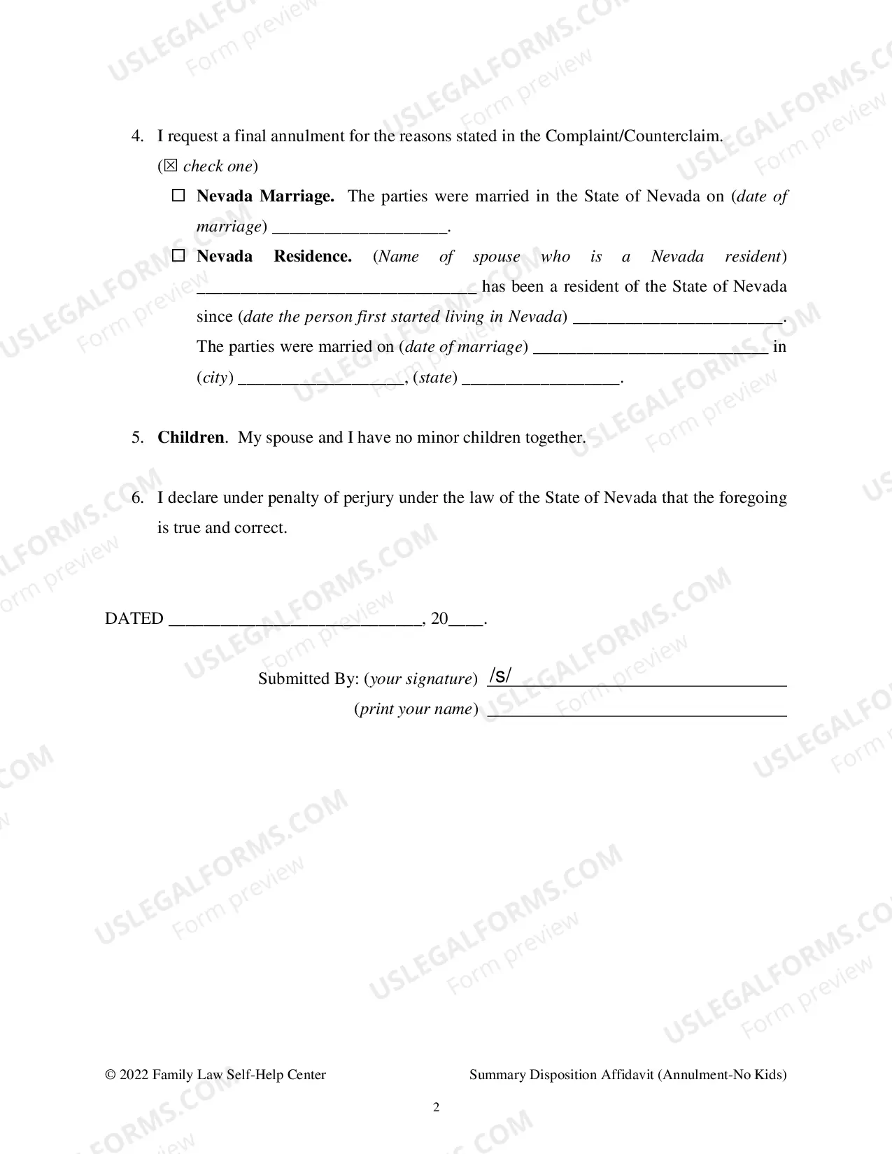 Preview Affidavit in Support or Request for Summary Disposition of Decree - Annulment - No Children - Clark County