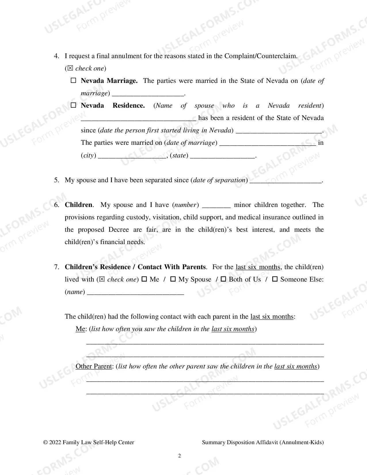 Preview Affidavit in Support or Request for Summary Disposition of Decree - Annulment - With Children - Clark County