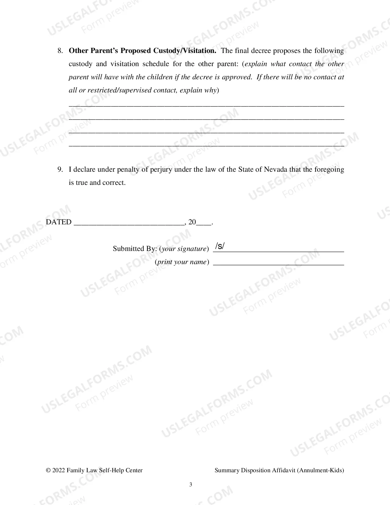 Preview Affidavit in Support or Request for Summary Disposition of Decree - Annulment - With Children - Clark County