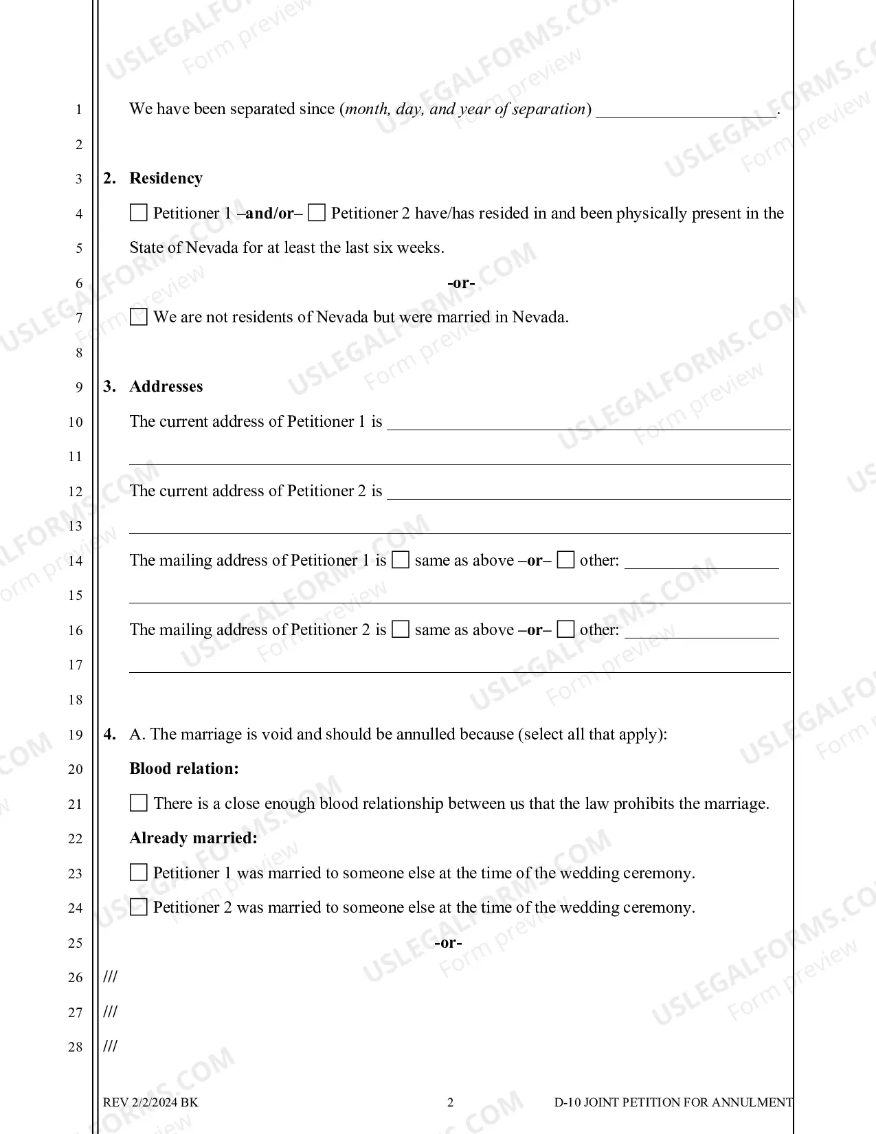 Preview Joint Petition for Summary Annulment - No Children - Washoe County
