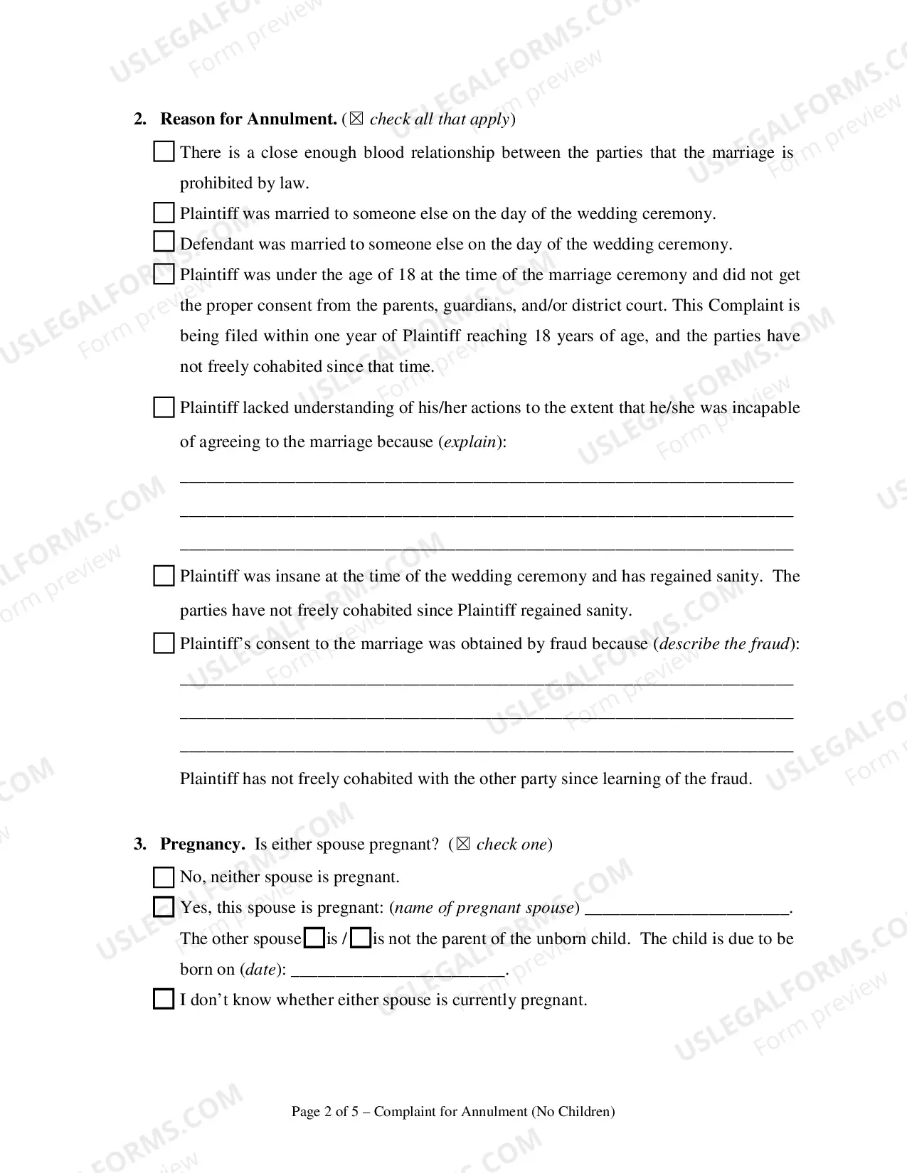 Preview Complaint for Annulment or in the Alternative Divorce - No Children