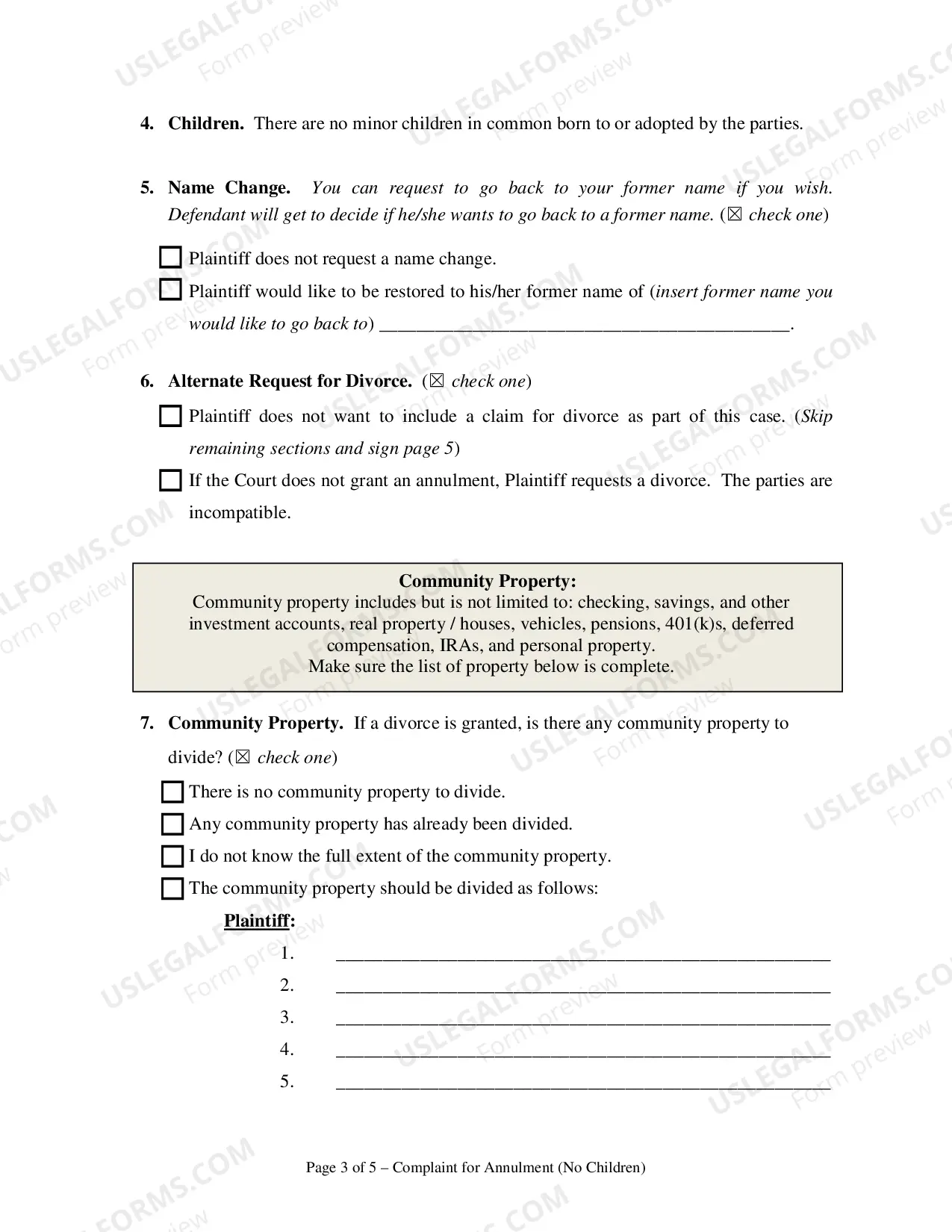 Preview Complaint for Annulment or in the Alternative Divorce - No Children