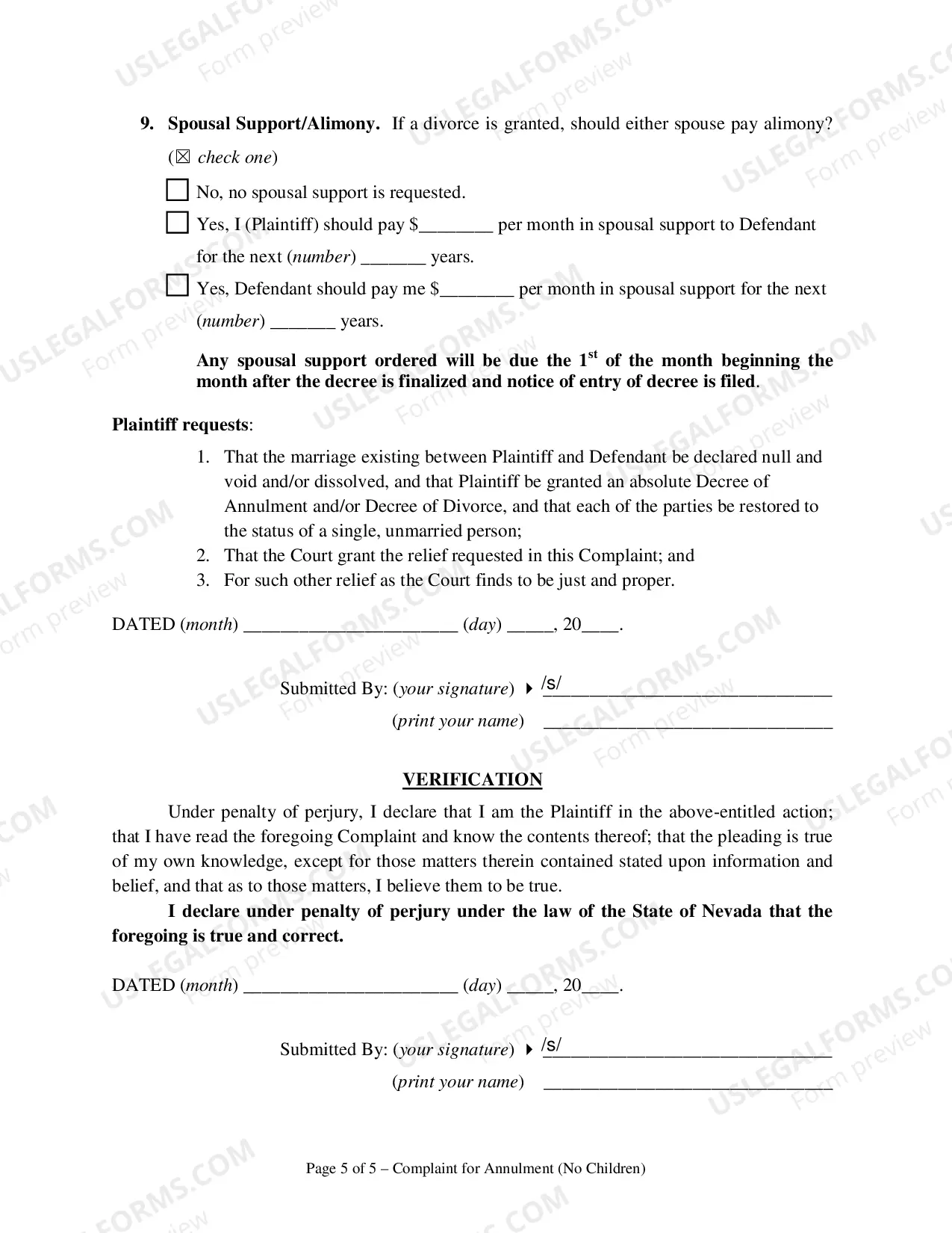 Preview Complaint for Annulment or in the Alternative Divorce - No Children