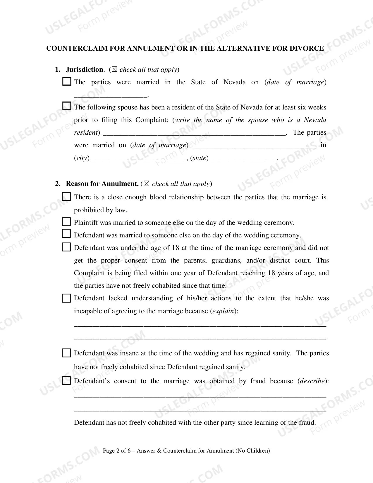 Preview Answer and Counterclaim for Annulment or in the Alternative for Divorce - No Children
