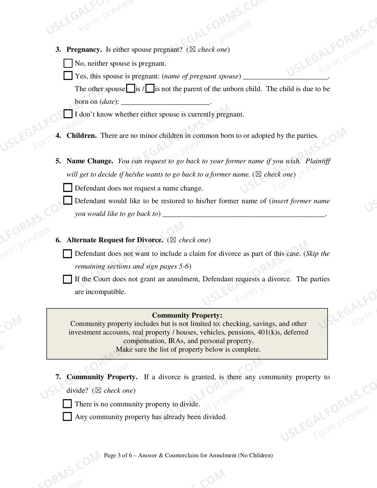 Preview Answer and Counterclaim for Annulment or in the Alternative for Divorce - No Children