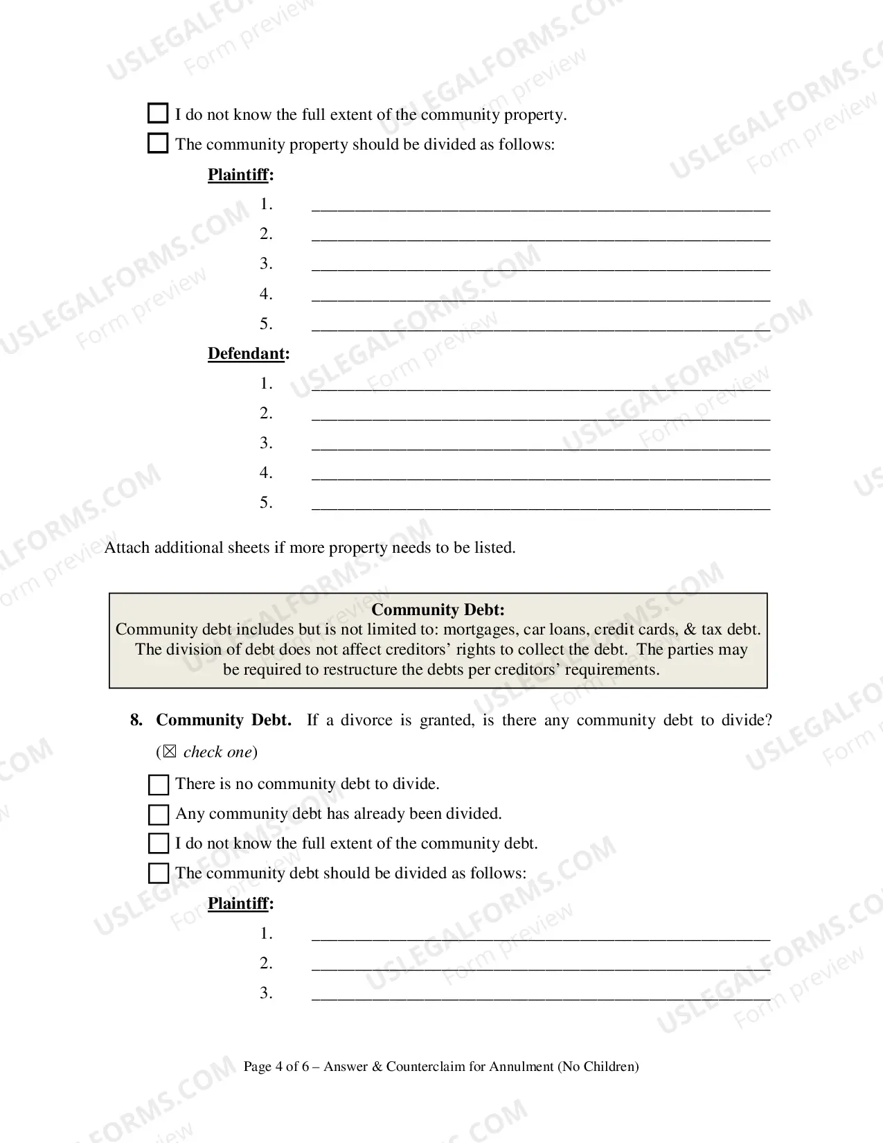 Preview Answer and Counterclaim for Annulment or in the Alternative for Divorce - No Children