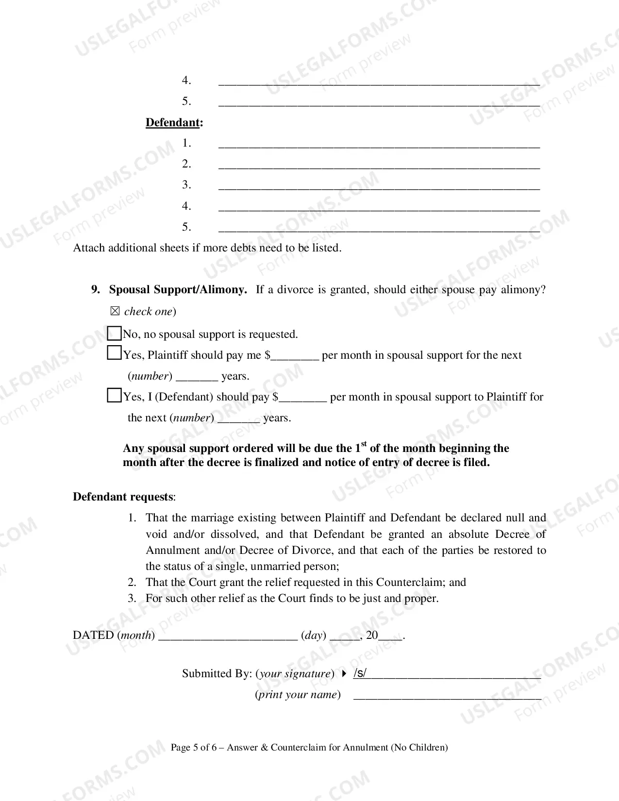Preview Answer and Counterclaim for Annulment or in the Alternative for Divorce - No Children