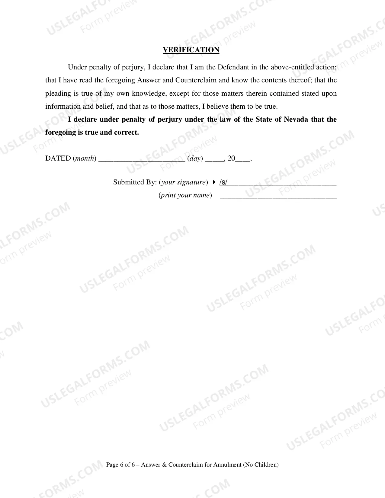 Preview Answer and Counterclaim for Annulment or in the Alternative for Divorce - No Children