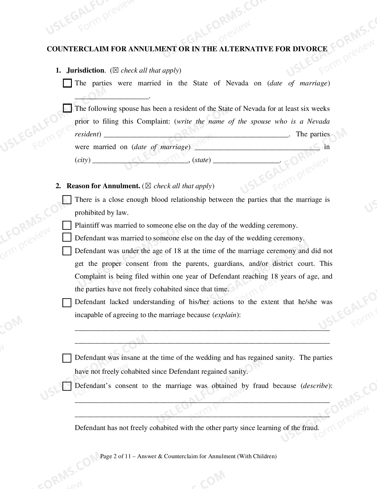 Preview Answer and Counterclaim for Annulment or in the Alternative for Divorce and UCCJEA Declaration - With Children