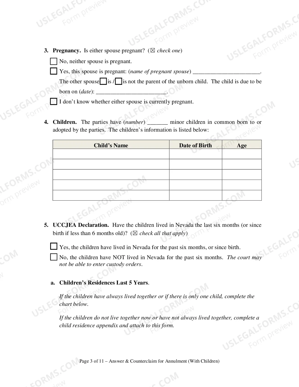 Preview Answer and Counterclaim for Annulment or in the Alternative for Divorce and UCCJEA Declaration - With Children