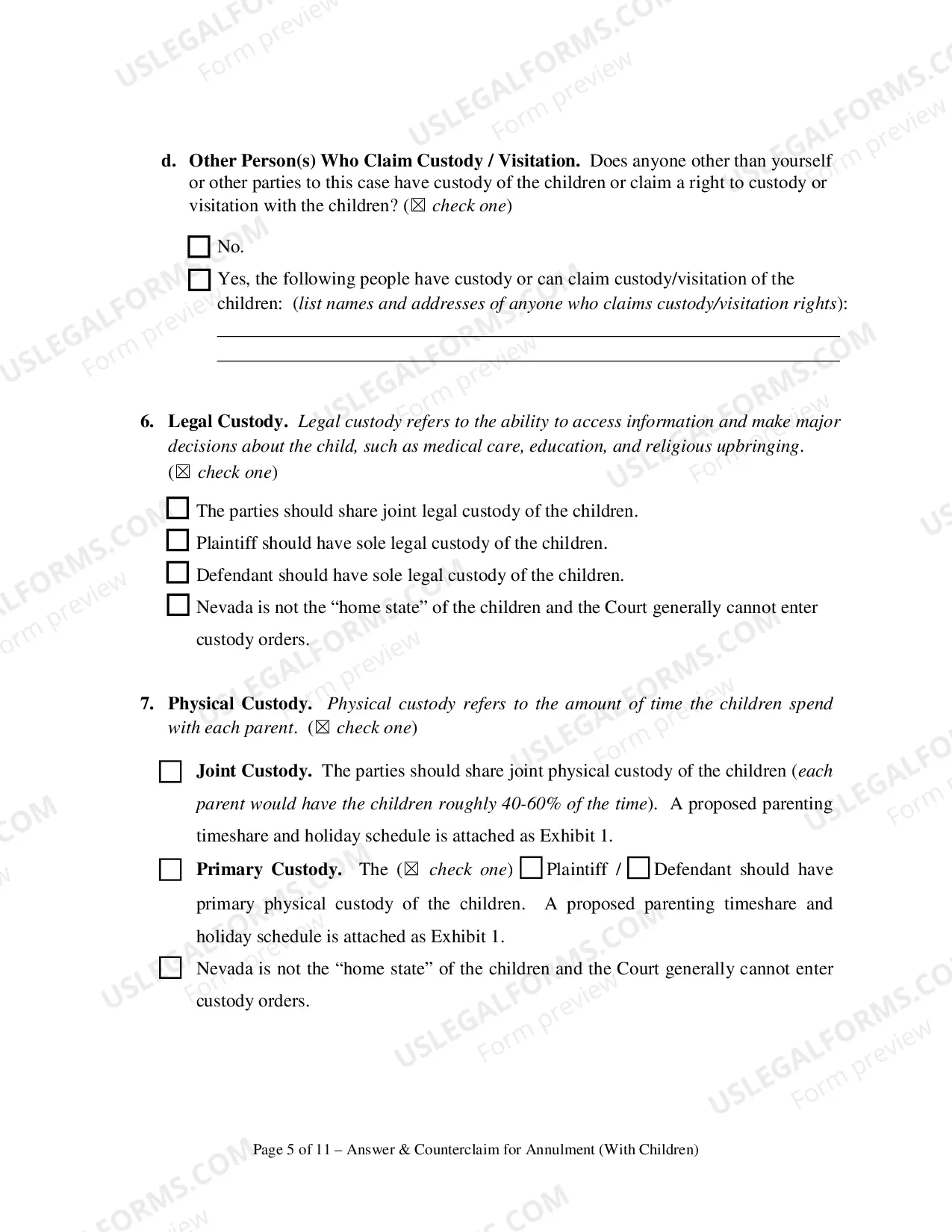 Preview Answer and Counterclaim for Annulment or in the Alternative for Divorce and UCCJEA Declaration - With Children