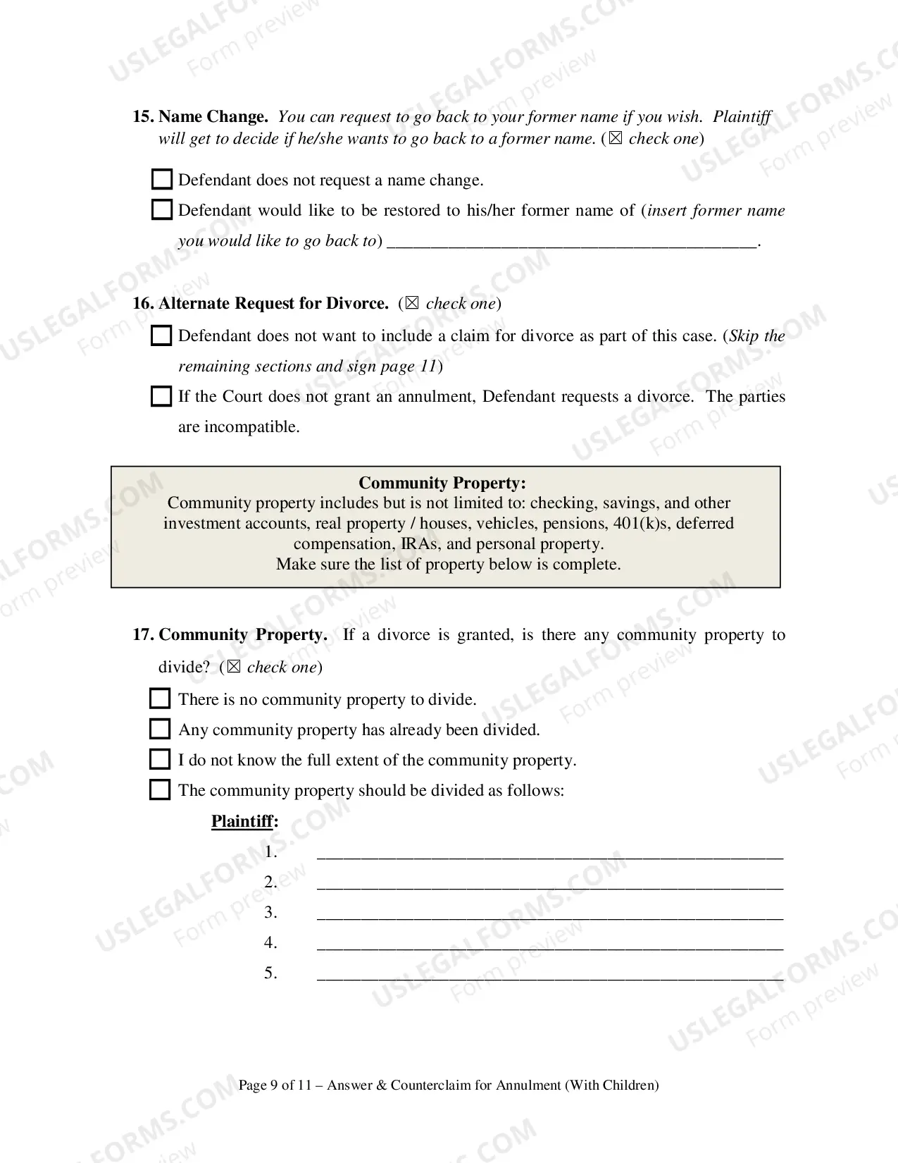 Preview Answer and Counterclaim for Annulment or in the Alternative for Divorce and UCCJEA Declaration - With Children