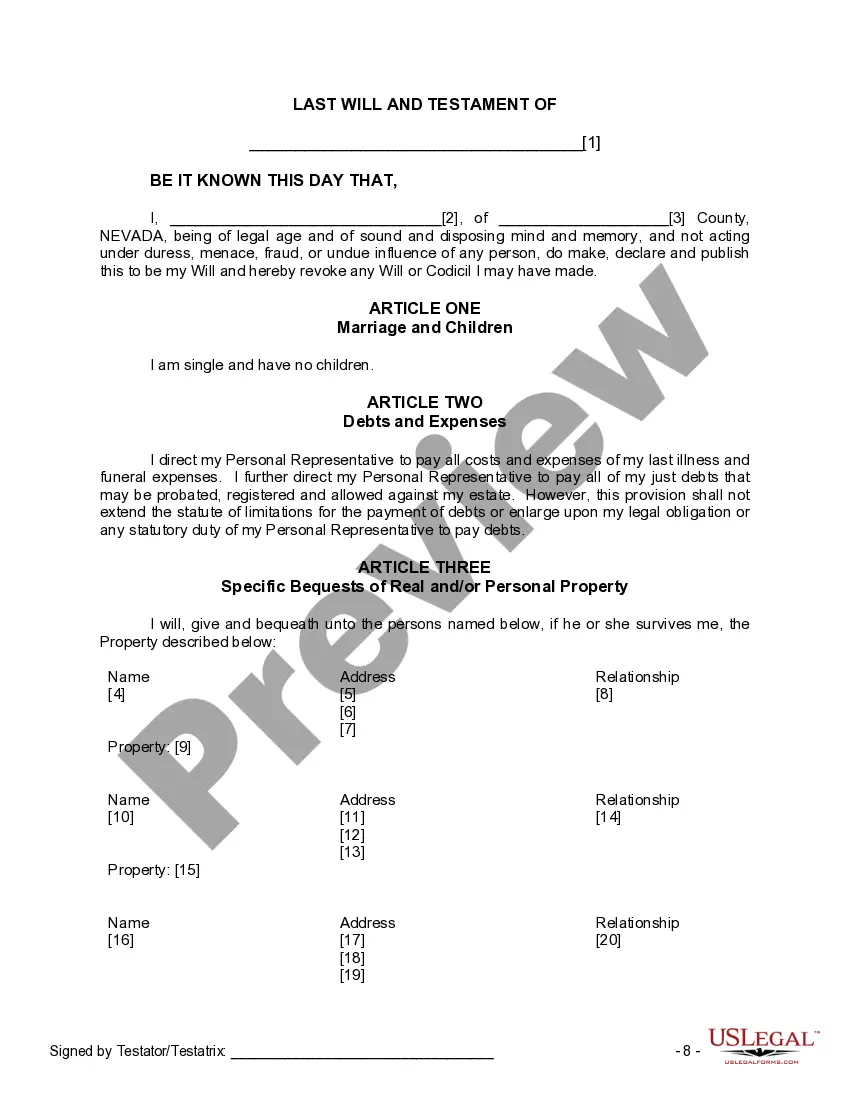Preview Last Will and Testament for Single Person with No Children