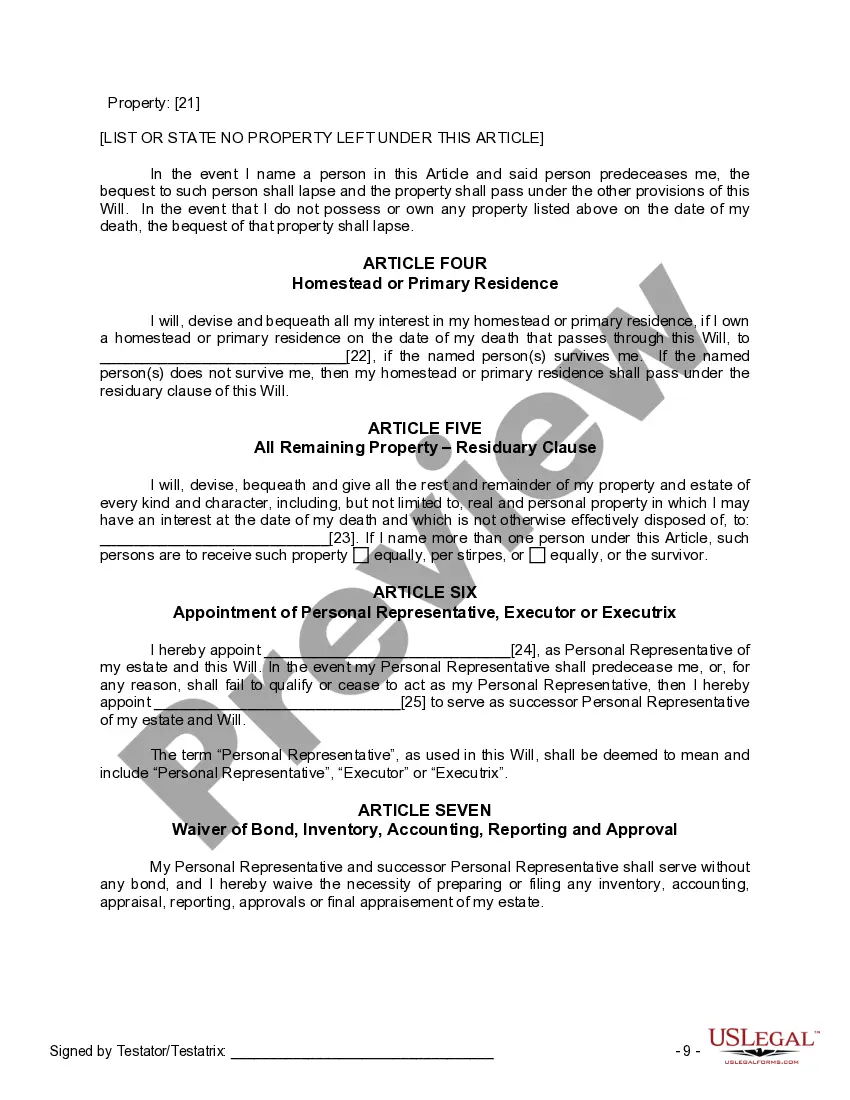 Preview Last Will and Testament for Single Person with No Children