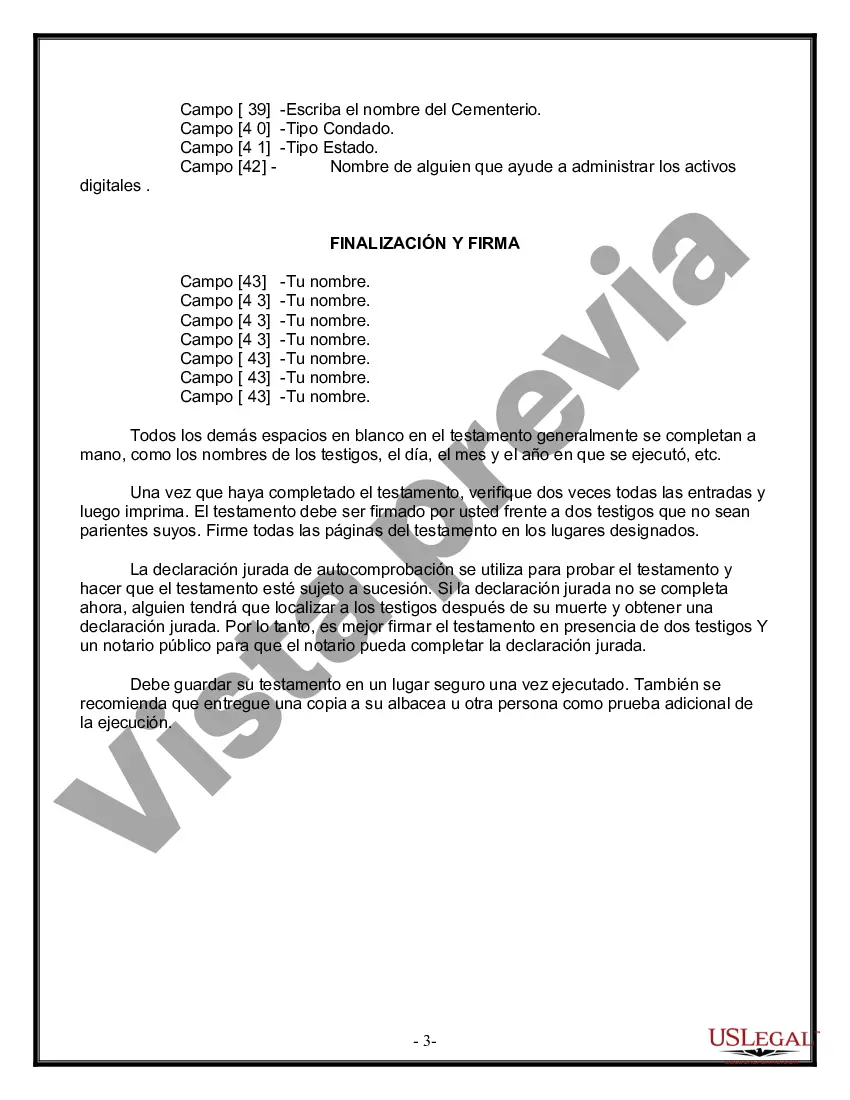 Preview Formulario Legal de Última Voluntad y Testamento para una Persona Soltera con Hijos Menores