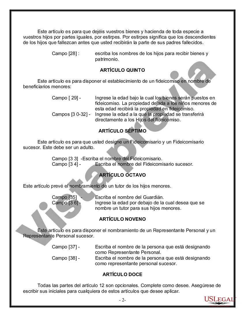 Preview Formulario Legal de Última Voluntad y Testamento para Persona Soltera con Hijos Adultos y Menores