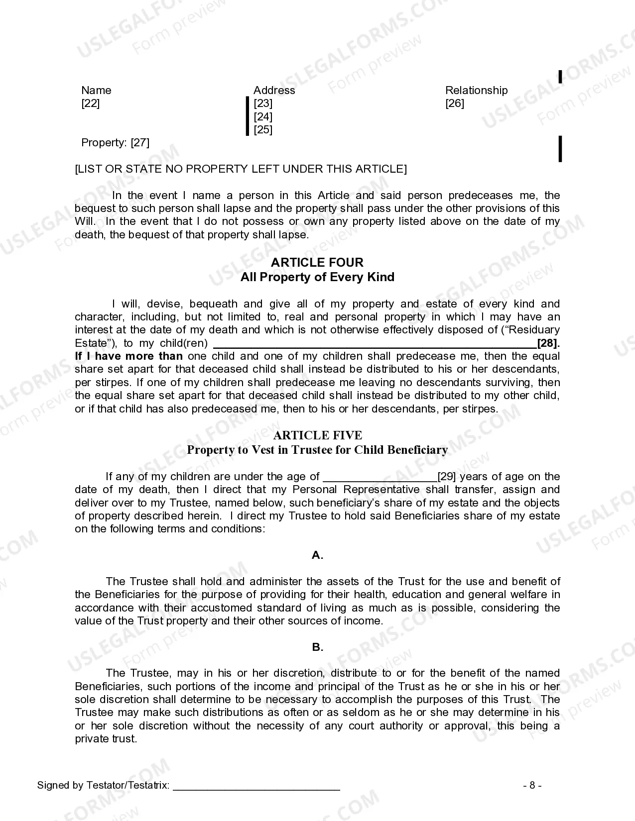 Preview Last Will and Testament for Single Person with Adult and Minor Children