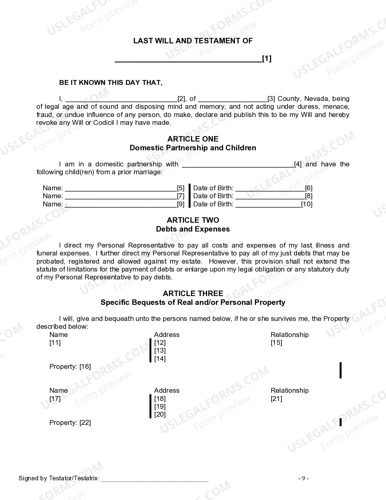 Preview Last Will and Testament for Domestic Partner with Minor Children from Prior Marriage