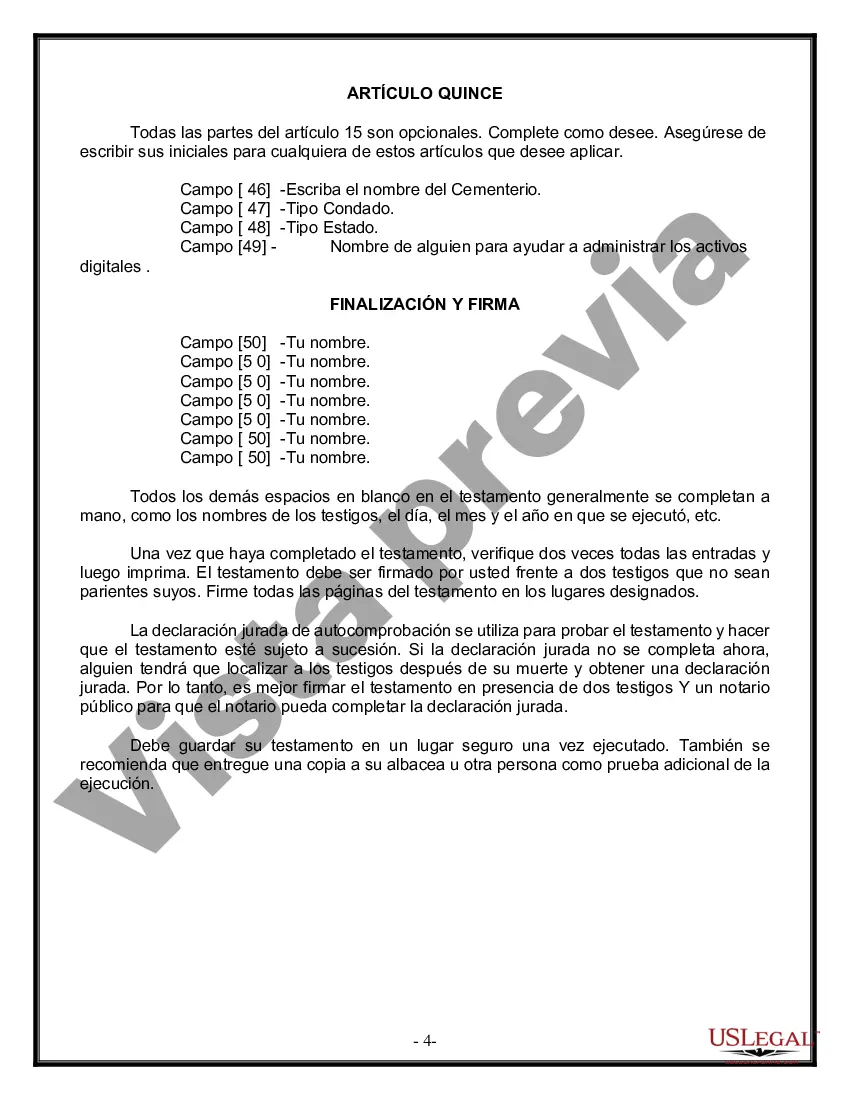 Preview Última voluntad y testamento legal para persona casada con hijos menores de edad de un matrimonio anterior