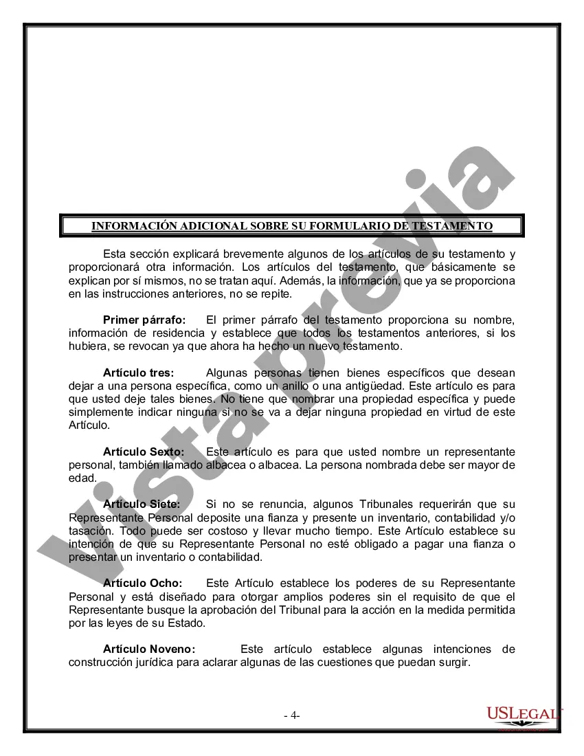 Preview Formulario de última voluntad y testamento legal para personas divorciadas que no se han vuelto a casar y no tienen hijos