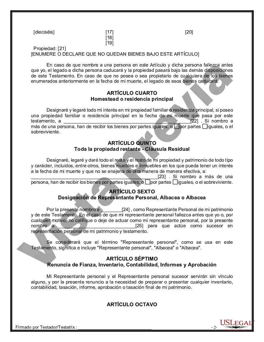 Preview Formulario de última voluntad y testamento legal para personas divorciadas que no se han vuelto a casar y no tienen hijos