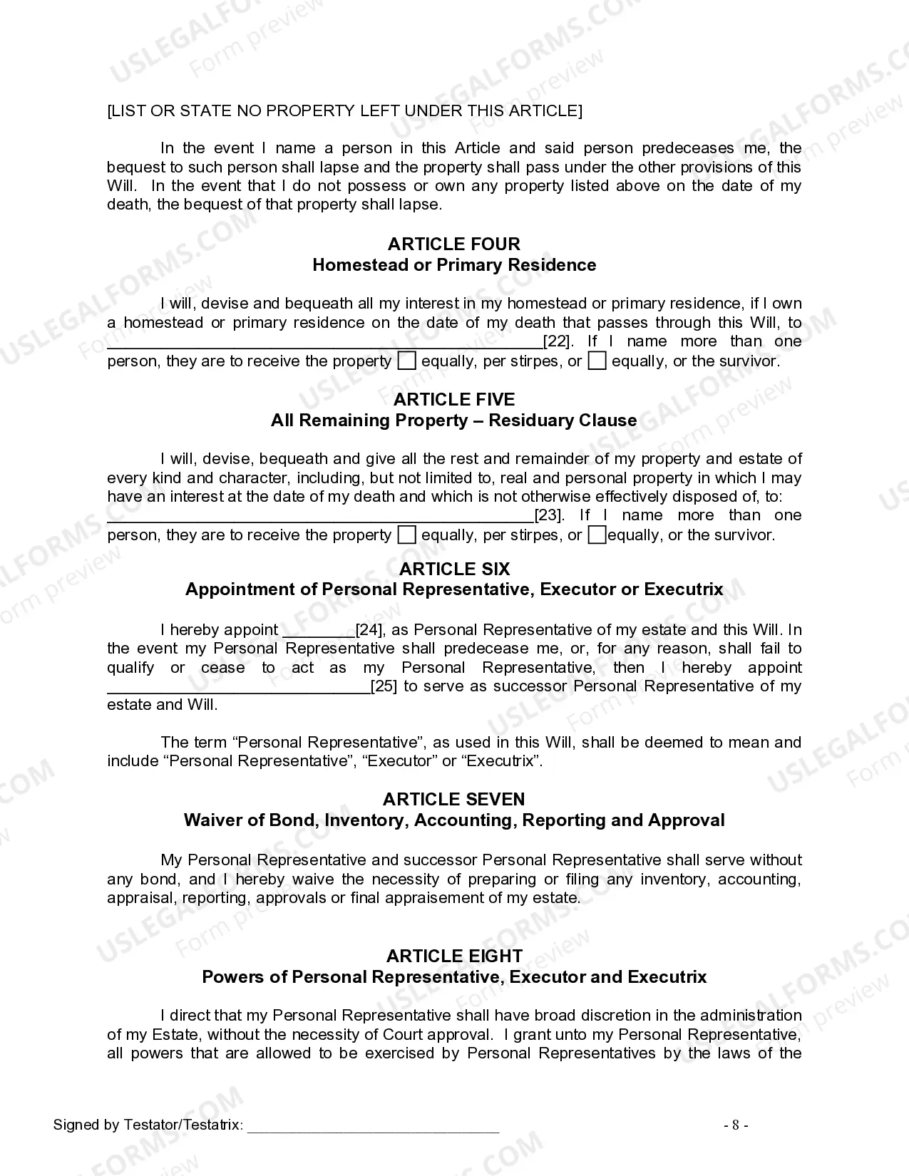 Preview Last Will and Testament for Divorced Person Not Remarried with No Children