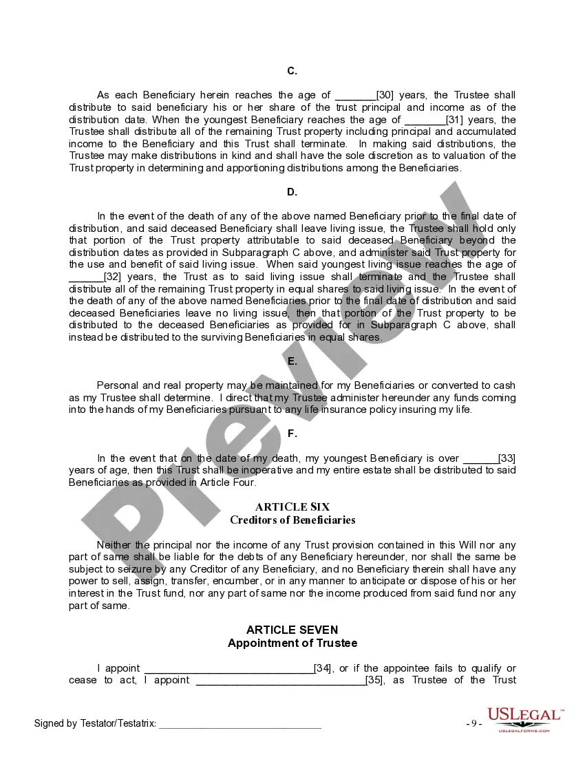 Preview Last Will and Testament for Divorced person not Remarried with Minor Children