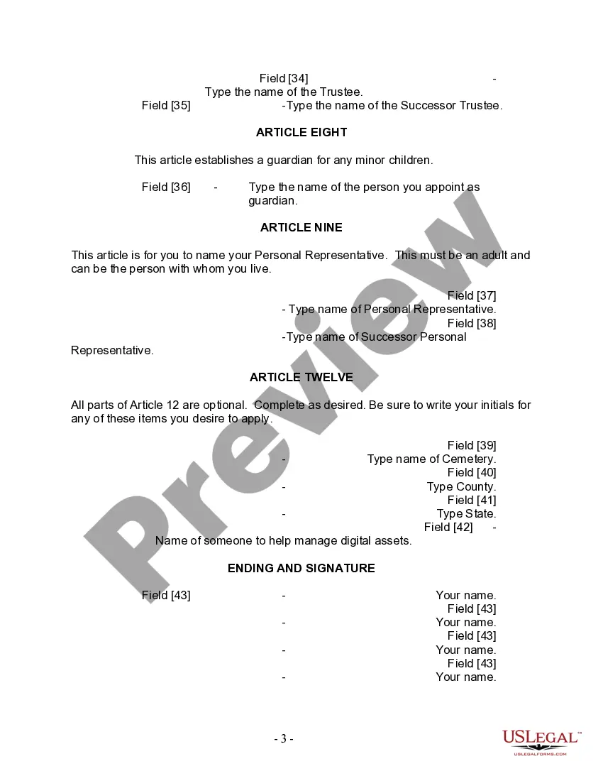 Preview Last Will and Testament for Divorced person not Remarried with Minor Children