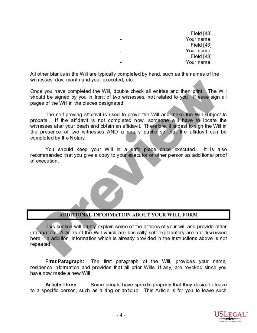 Preview Last Will and Testament for Divorced person not Remarried with Minor Children