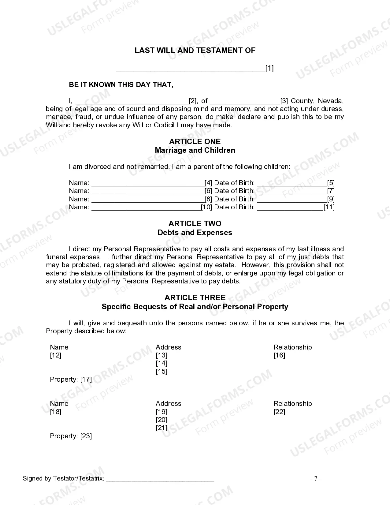 Preview Last Will and Testament for Divorced Person Not Remarried with Adult and Minor Children
