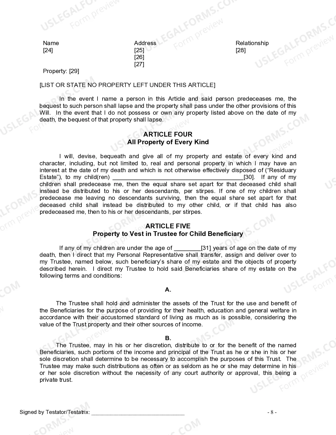 Preview Last Will and Testament for Divorced Person Not Remarried with Adult and Minor Children