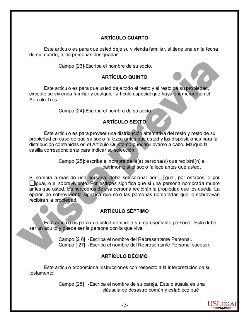 Preview Formulario de última voluntad y testamento legal para una pareja de hecho sin hijos