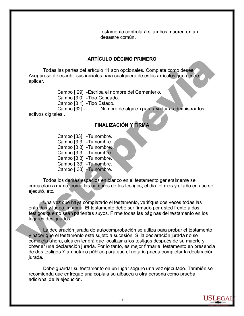 Preview Formulario de última voluntad y testamento legal para una pareja de hecho sin hijos