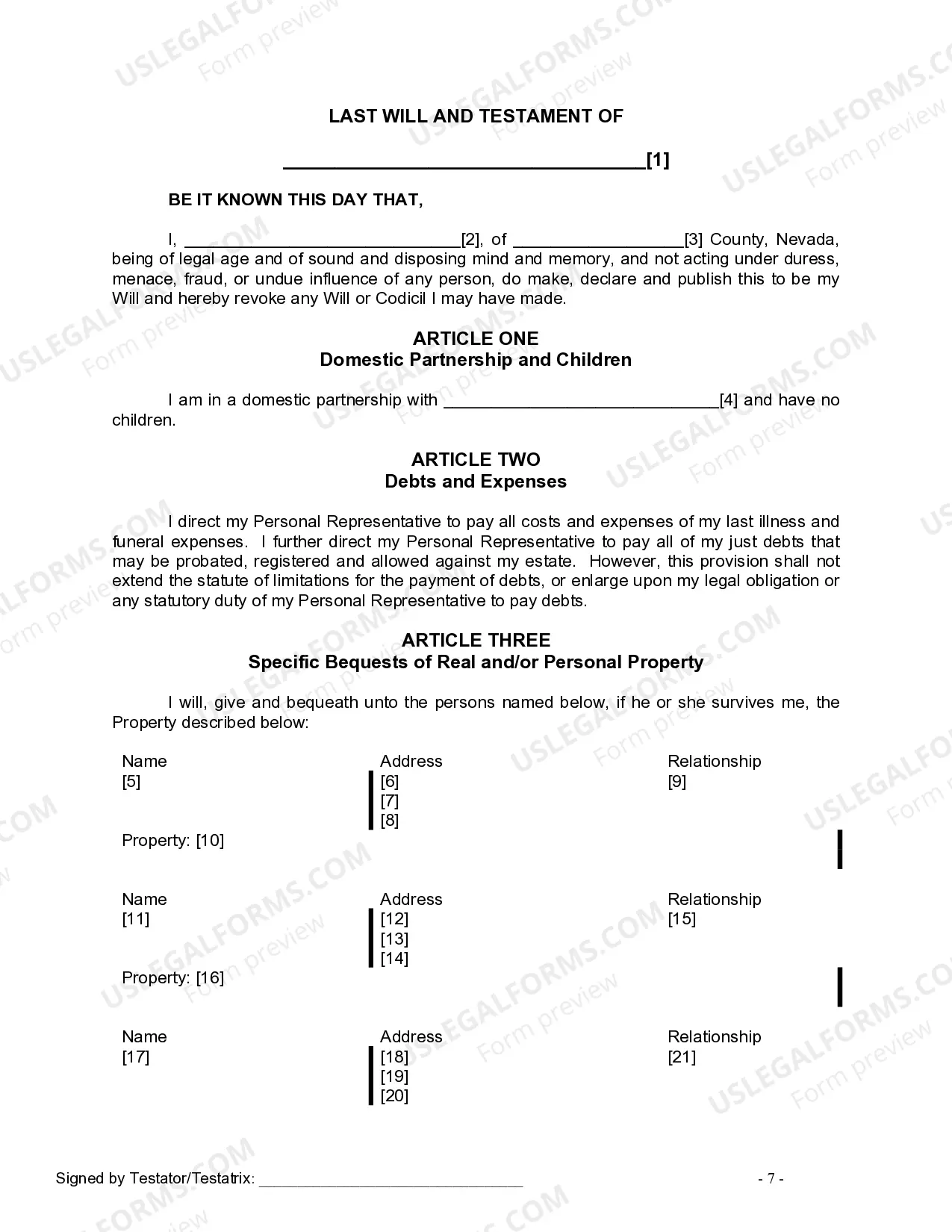 Preview Last Will and Testament for a Domestic Partner with No Children