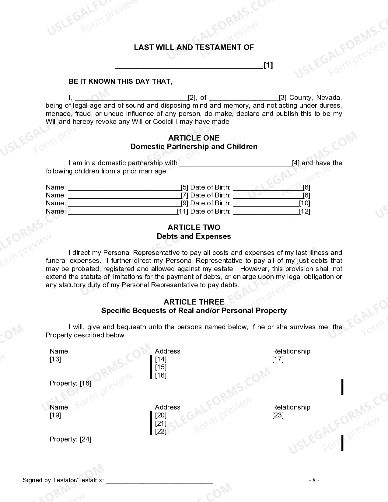 Preview Last Will and Testament for Domestic Partner with Adult and Minor Children from Prior Marriage