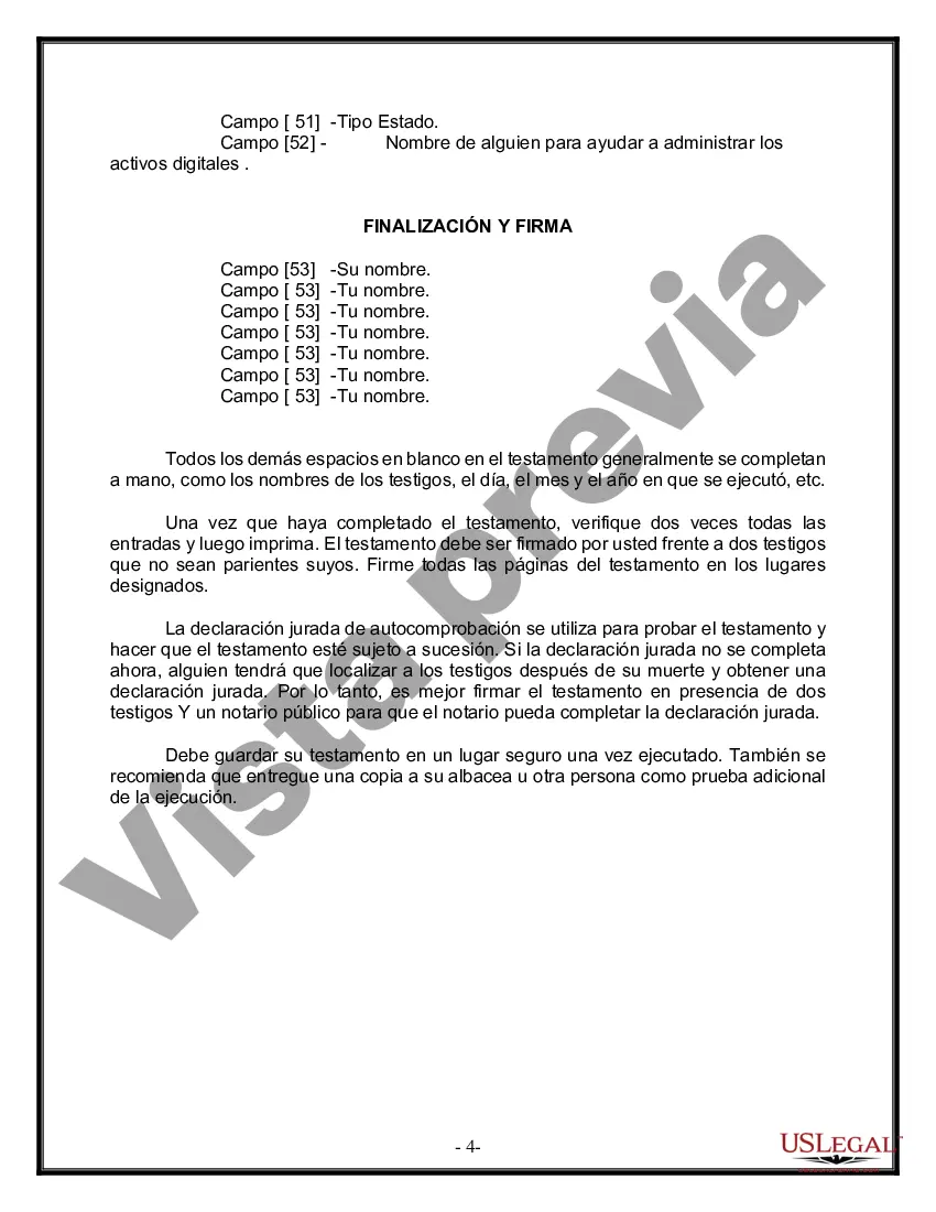 Preview Formulario Legal de Última Voluntad y Testamento para Persona Casada con Hijos Adultos y Menores de Matrimonio Anterior
