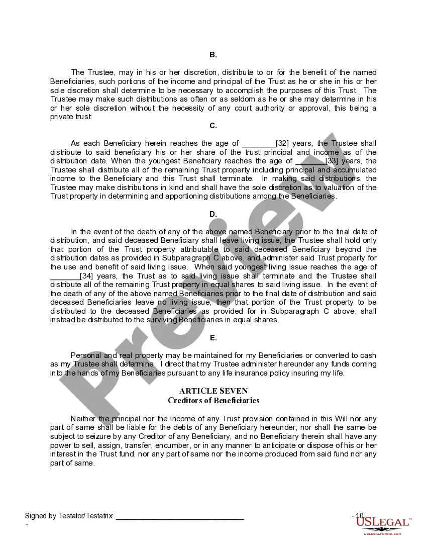 Preview Last Will and Testament for Widow or Widower with Minor Children