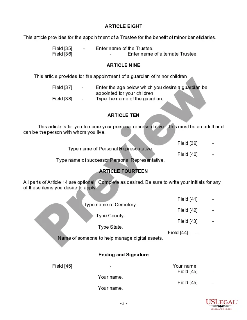 Preview Last Will and Testament for Widow or Widower with Minor Children