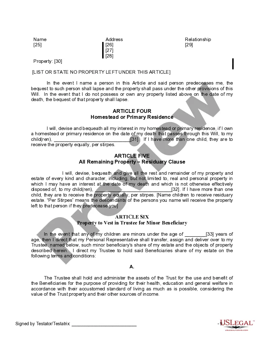 Preview Last Will and Testament for a Widow or Widower with Adult and Minor Children